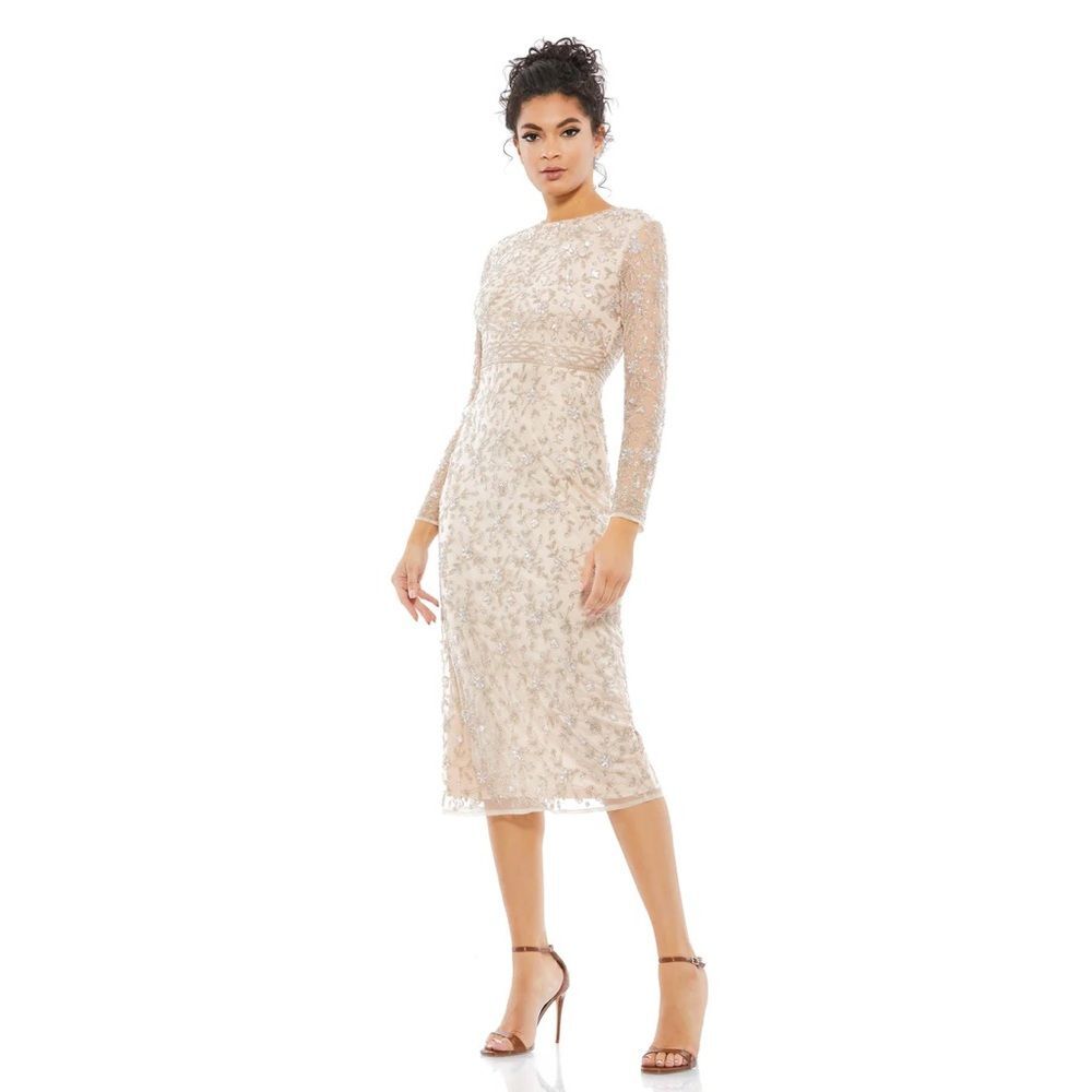 Mac Duggal | 10812 Beaded Tea Length Dress with Sheer Sleeves Size 12 NEW - Picture 2 of 12